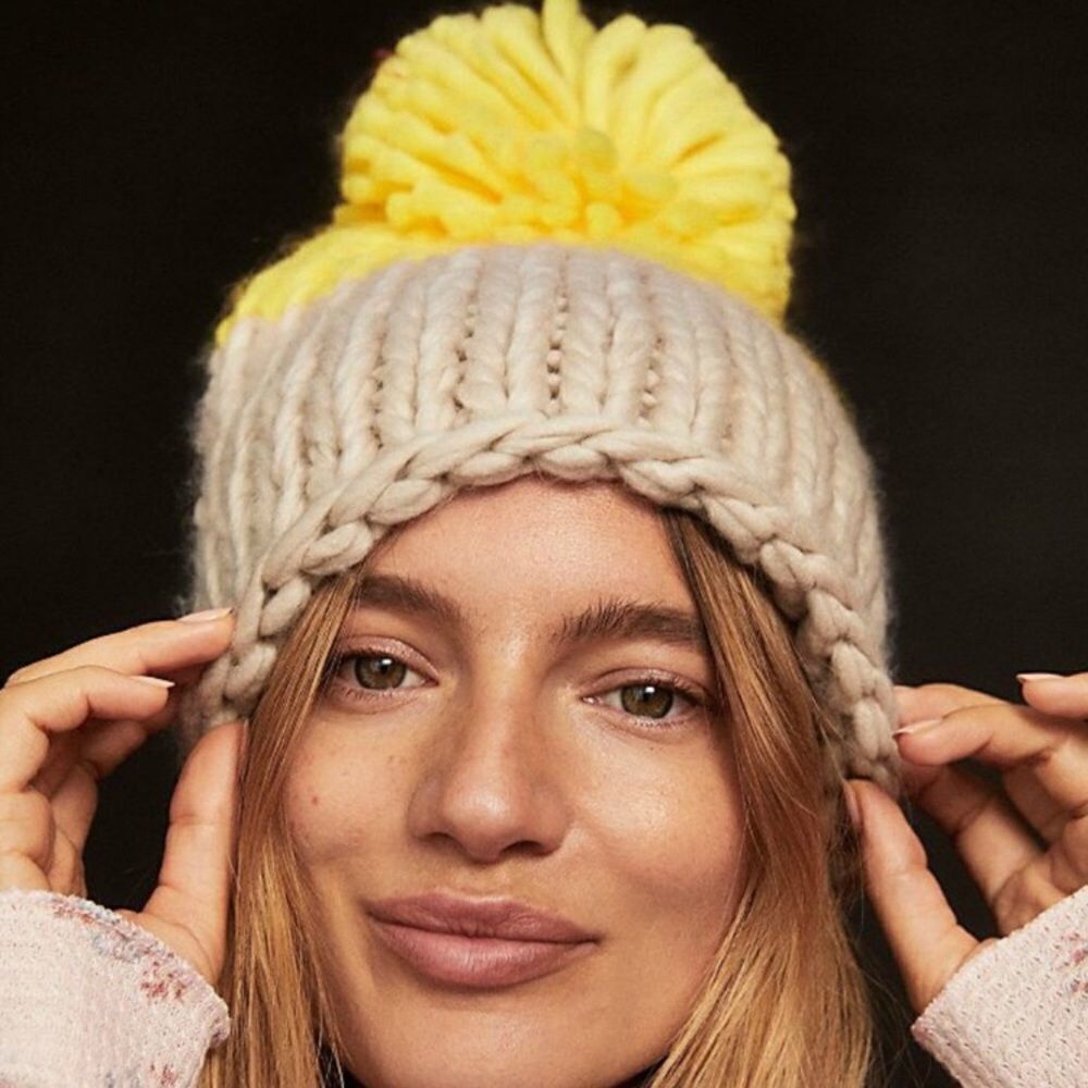 Free People Cozy Up Color Block Pom Yellow Beanie